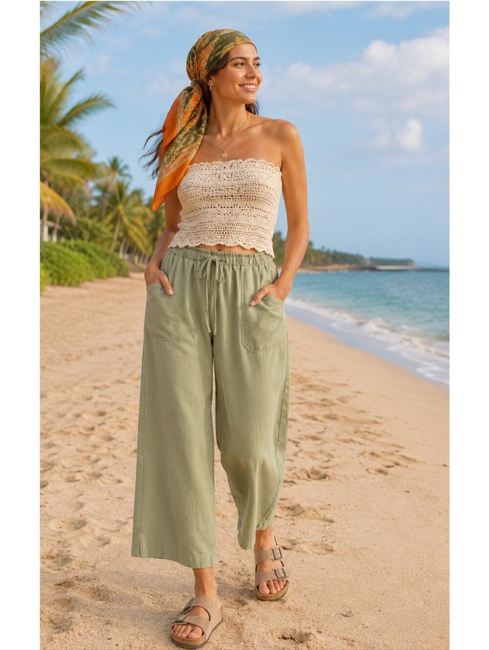 Caribbean Joe Women XL Sage Green Wide-Leg Pants Elastic Waist Soft Lyocell Bl
